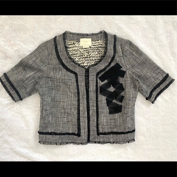 KATE SPADE Black/White Linen Jacket Sz 10 Ruffle